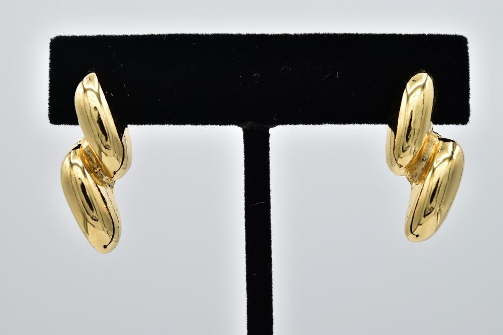 Vintage NOS Gold Tone Double Oval Sculpted Statement Pierced Earrings 1980s NS8